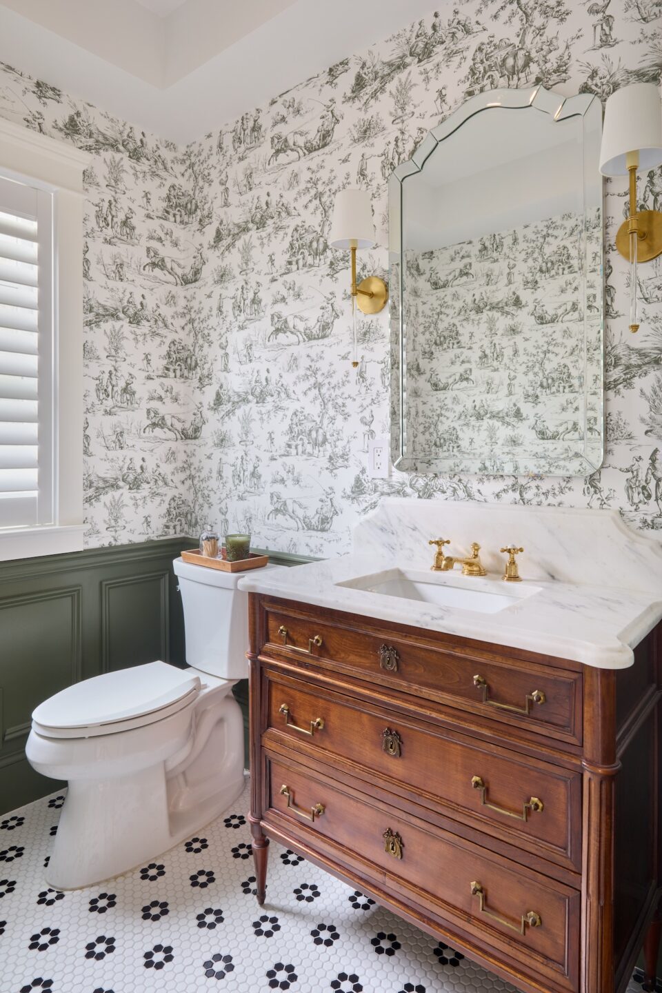 powder room interior design green white wallpaper