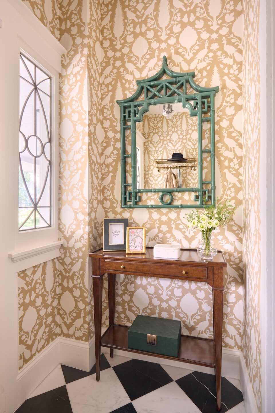 wallpaper with black and white checker flooring