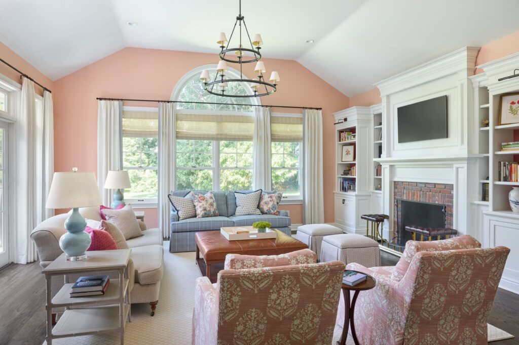 Wostbrock Home Interior Design HoHoKus NJ. Family Room with blush walls.