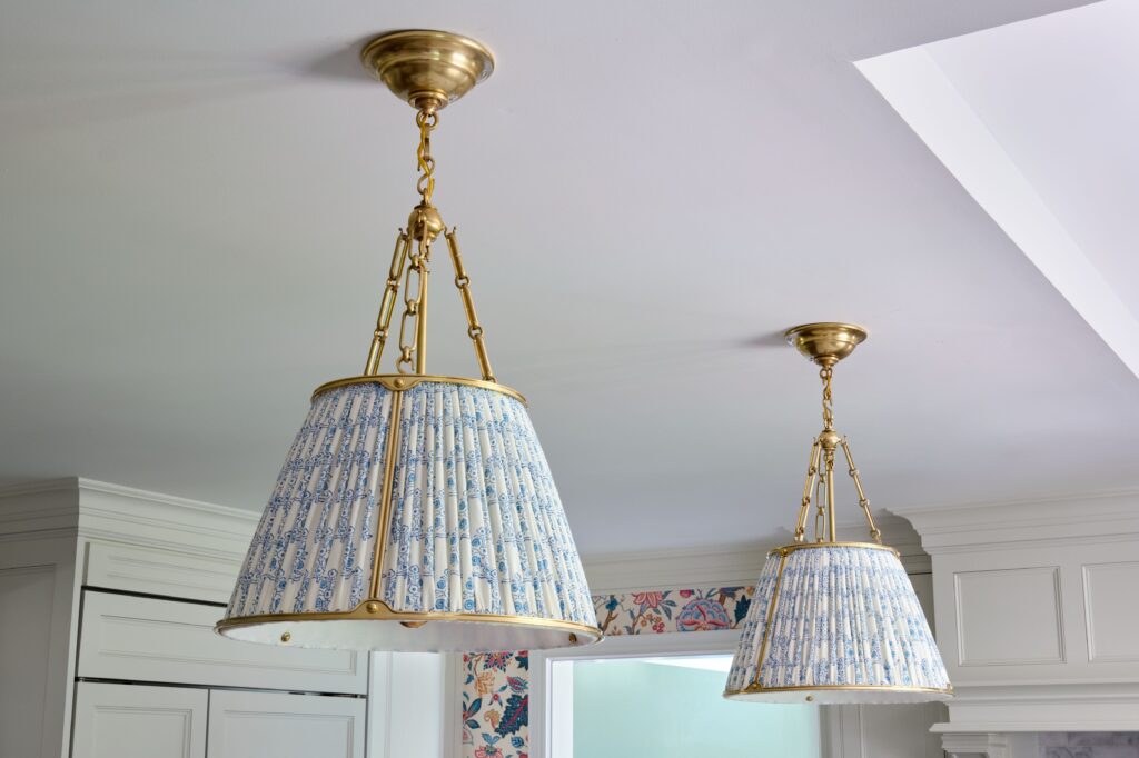 Wostbrock Home Interior Design HoHoKus NJ. Blue-and-white fabric pendant kitchen lights.
