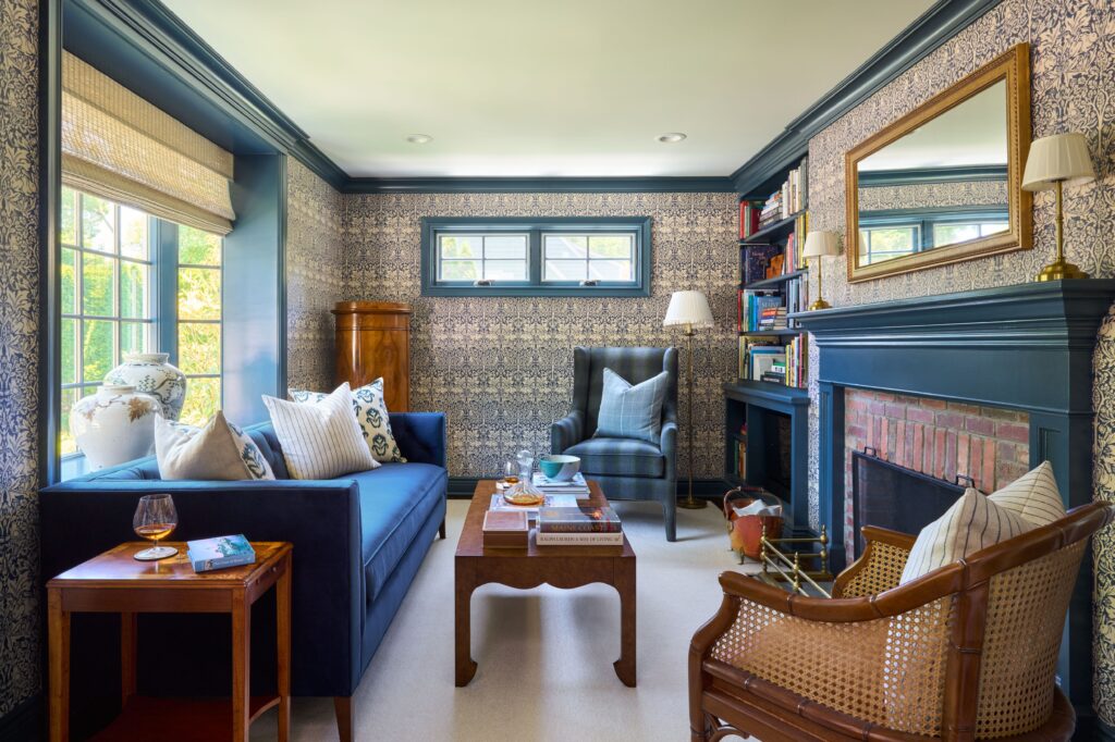 Wostbrock Home Interior Design HoHoKus NJ. Blue-and-white wallpapered library.