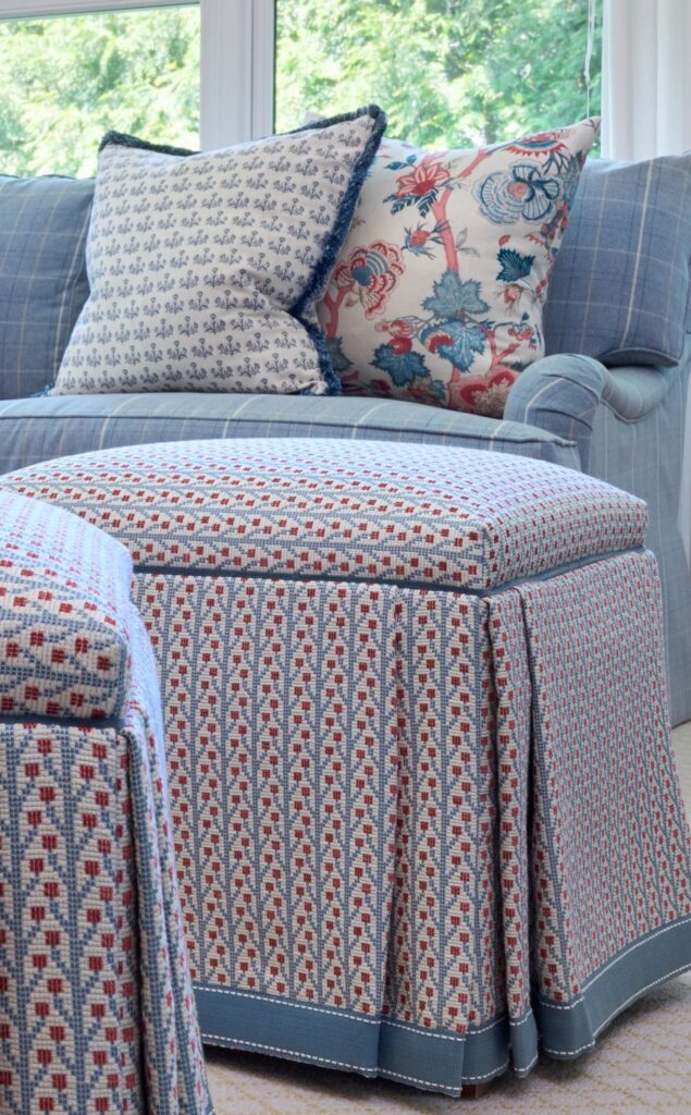 Wostbrock Home Pattern Mixing Interior Design NJ. Mini print skirted ottomans.